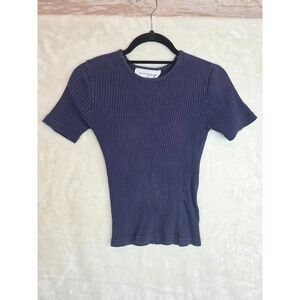 Vittadini Sport Navy Blue Ribbed Knit Short Sleeve Crewneck Top‎ Large